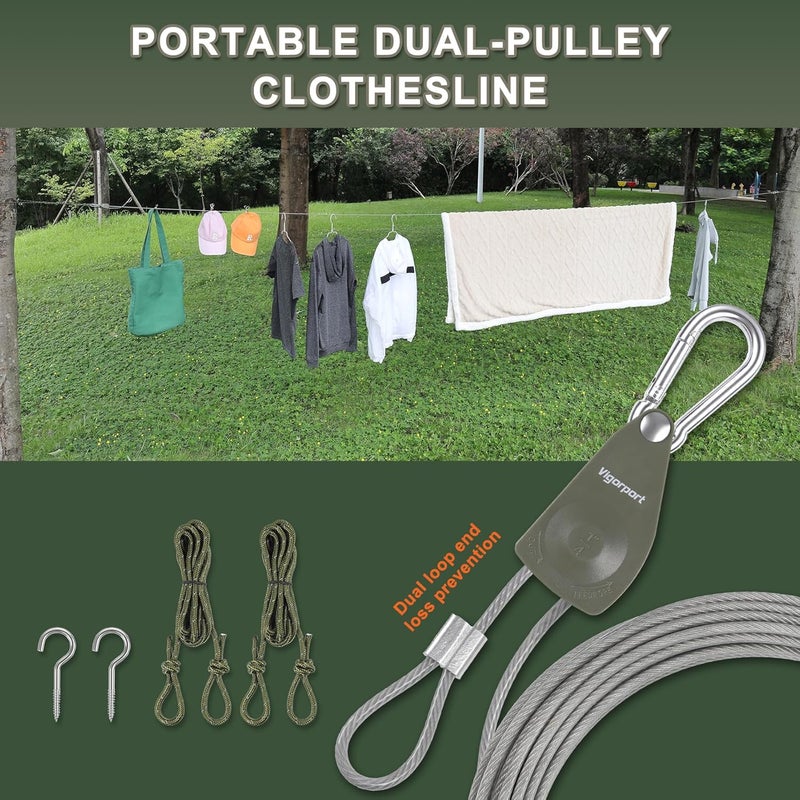 Vigorport Outdoor Retractable Clothesline, Portable Travel Clothes Line, Heavy Duty Rope Pully System with Metal Carabiner & Nylon Coating Wire Ropes for Camping, RV, Backyard（40Ft） - Image 4